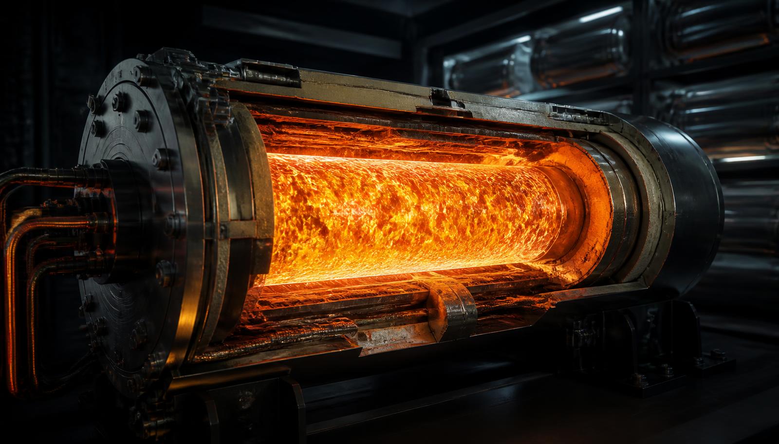 Cutaway view of a futuristic cylindrical battery module in a dark laboratory, its interior glowing orange with molten salt electrolyte behind thick steel and ceramic casing